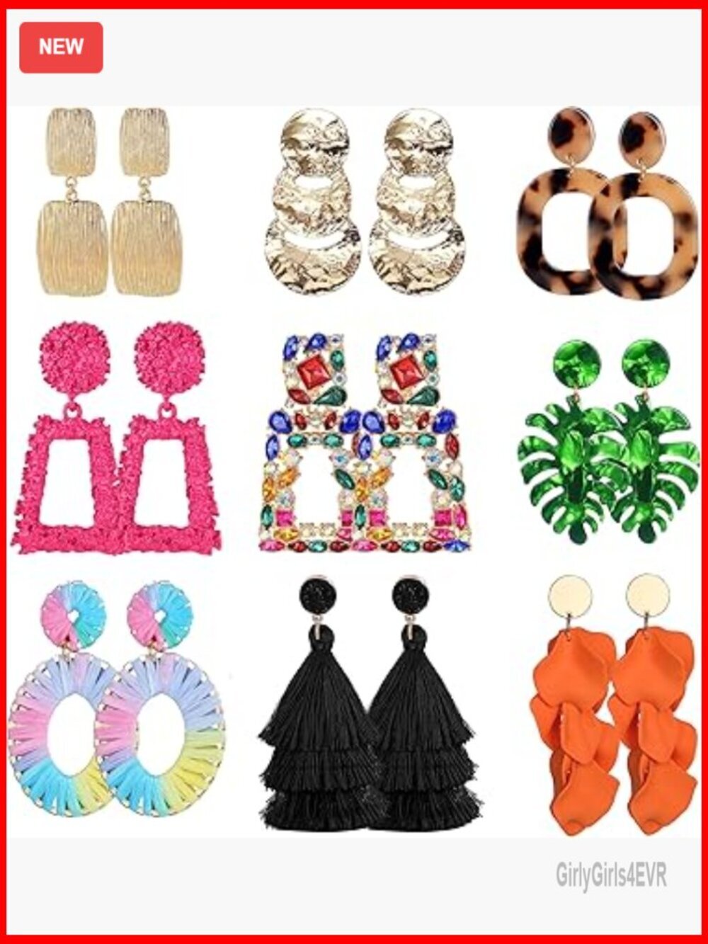 9 Pairs Clip-On Earrings Set Rattan Acrylic Tassel Drop Dangle Lightweight